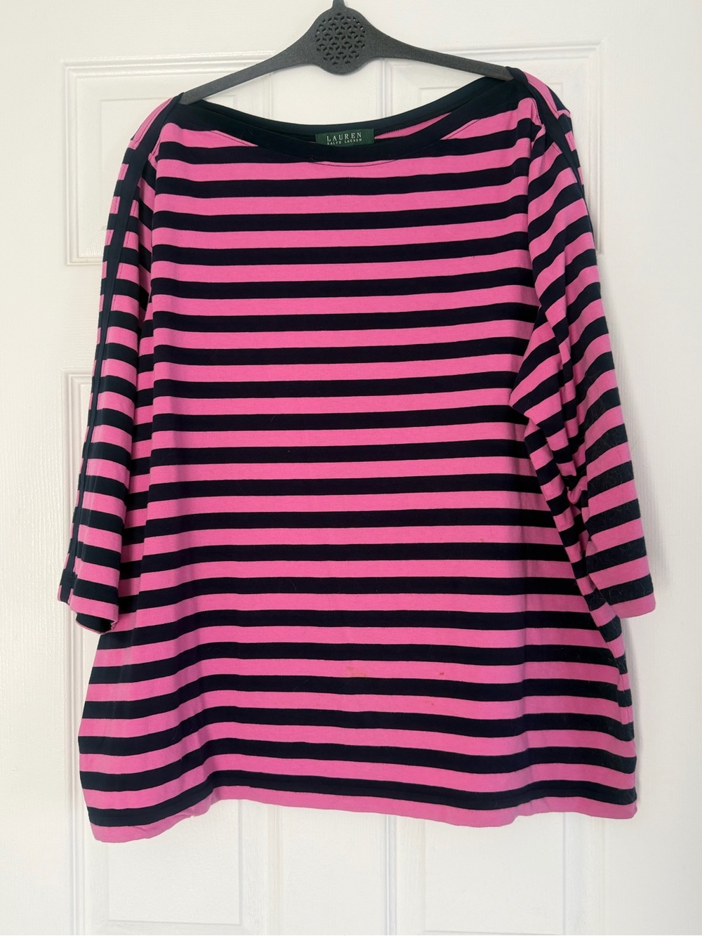 Lauren Ralph Lauren 3X Pink Navy Striped Boat Neck Cotton Knit Top Plus Size